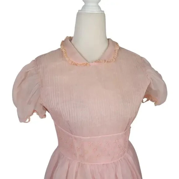 Vintage 50s JW Robinson Youngland Nylon Sheer Pink Peter Pan Collar Party Dress - Picture 2 of 8